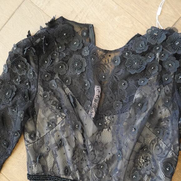 MAC DUGGAL Black 3D Floral Applique Beaded Sheer Lace Long Sleeve Midi Dress 8 - Picture 8 of 9